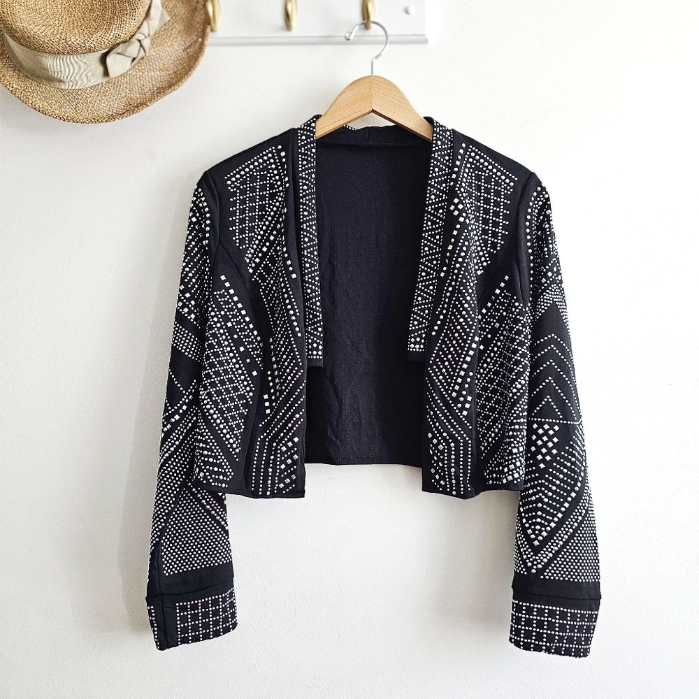 Black Studded Cropped Bolero Jacket • Stretch • Statement Evening Layer Size XL